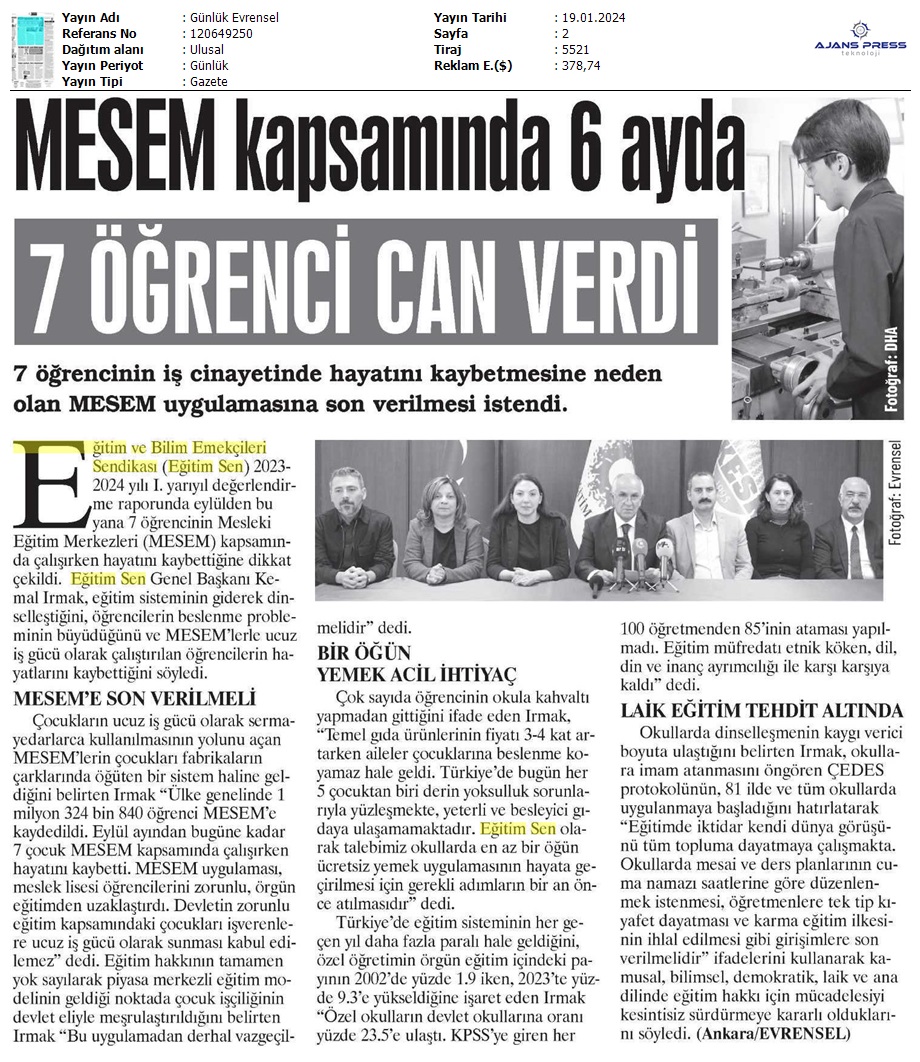 6 Ayda 7 MESEM'li Öğrenci Can Verdi / Evrensel