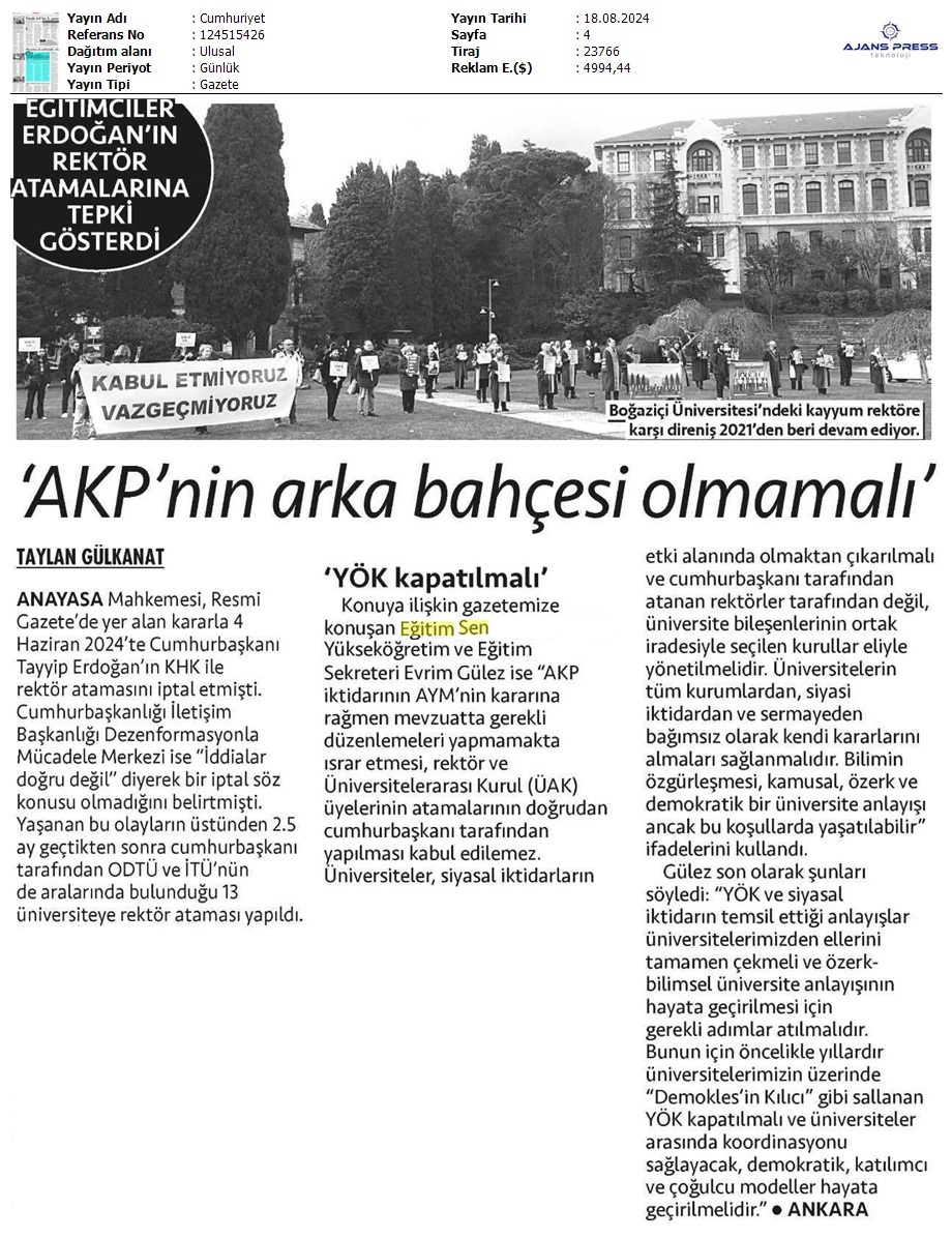 "AKP'nin Arka Bahçesi Olmamalı" / Cumhuriyet