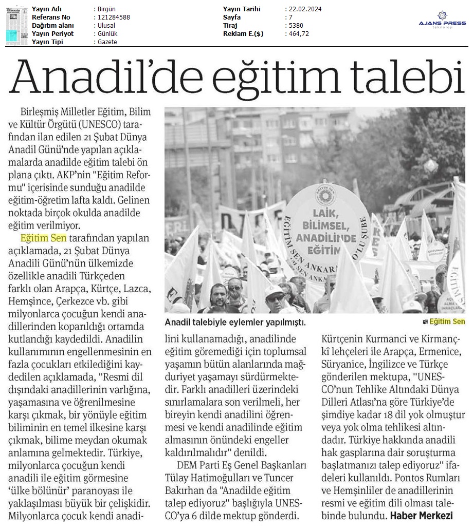 Anadilde Eğitim Talebi / Birgün