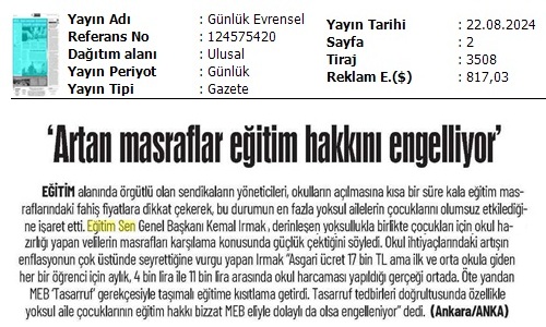 "Artan Masraflar Eğitim Hakkını Engelliyor" / Evrensel