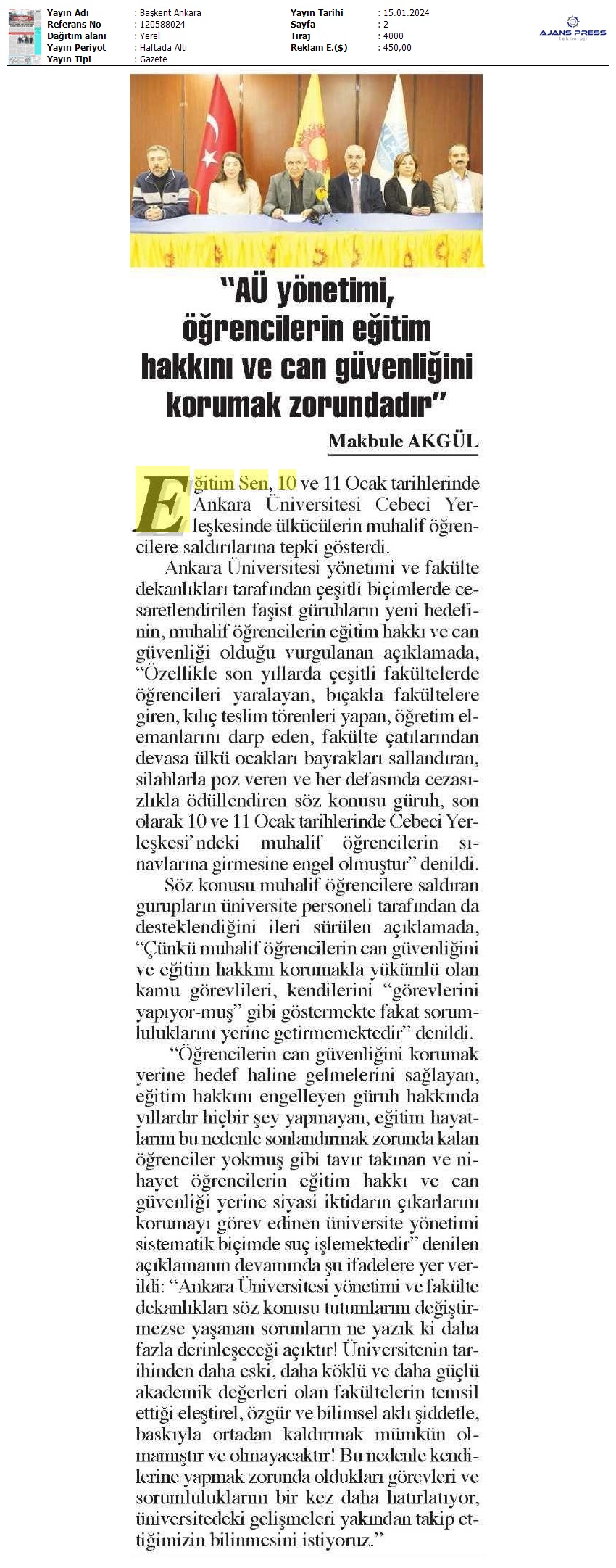 "AÜ Yönetimi, Öğrencilerin Eğitim Hakkını ve Can Güvenliğini Korumak Zorundadır"/ Başkent Ankara