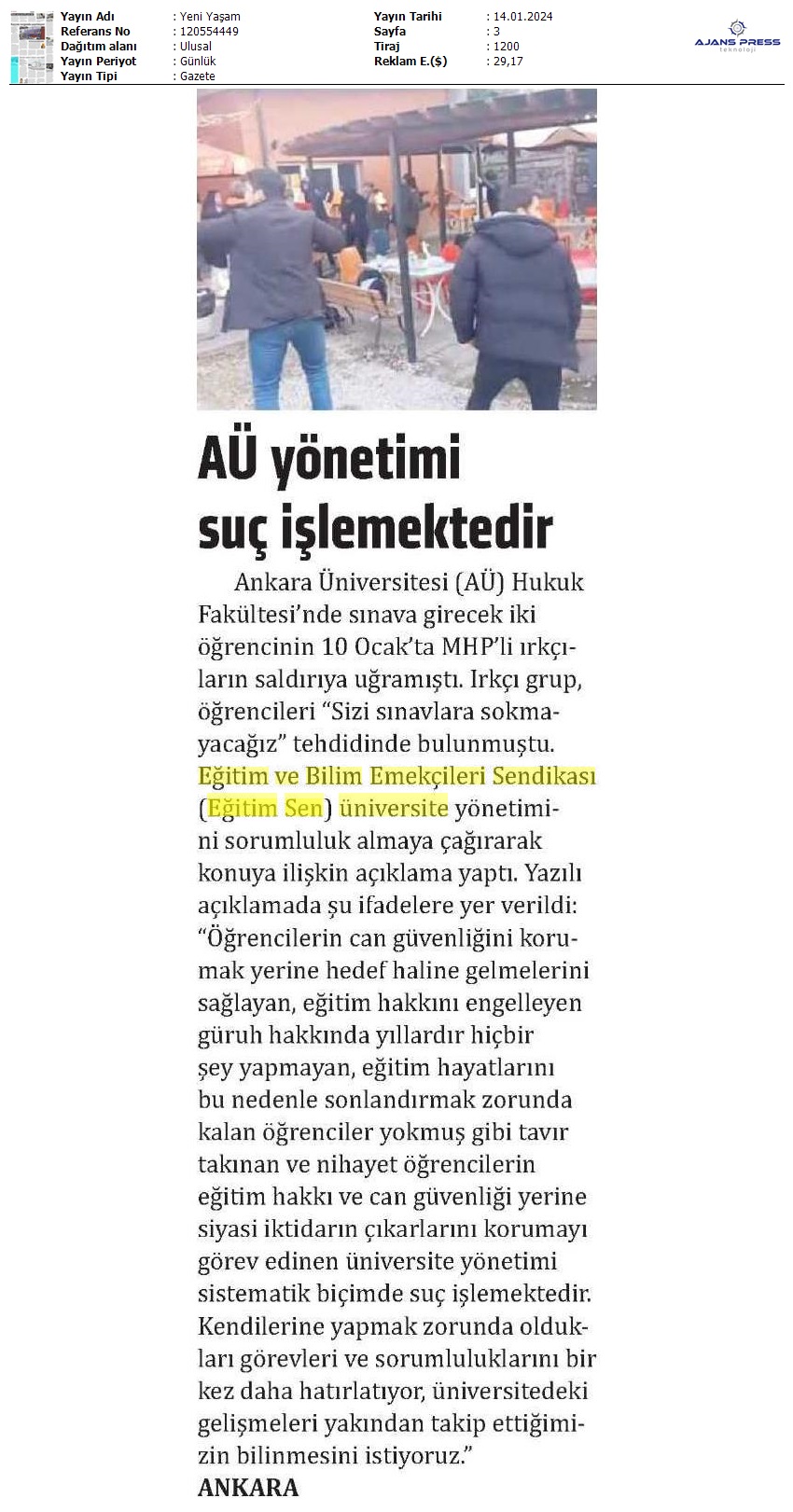 AÜ Yönetimi Suç İşlemektedir / Yeni Yaşam