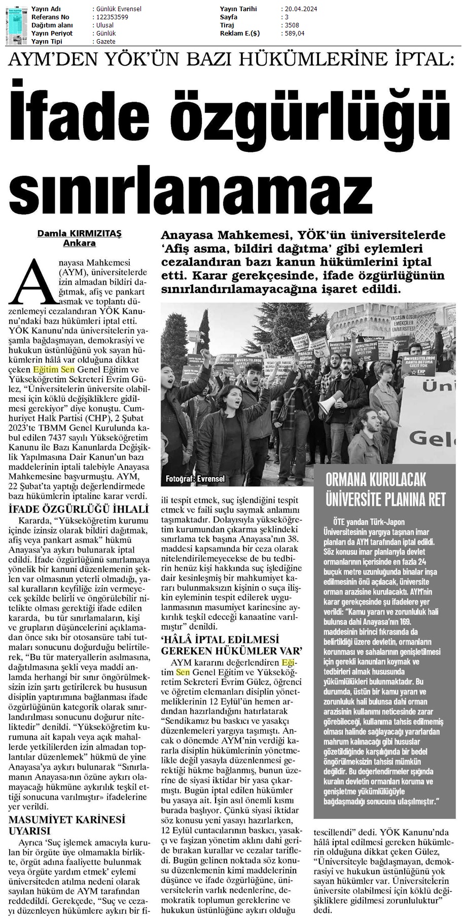 AYM'den YÖK'ün Bazı Hükümlerine İptal: İfade Özgürlüğü Sınırlanamaz / Evrensel