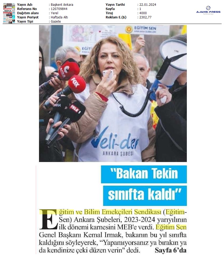 "Bakan Tekin Sınıfta Kaldı" / Başkent Ankara