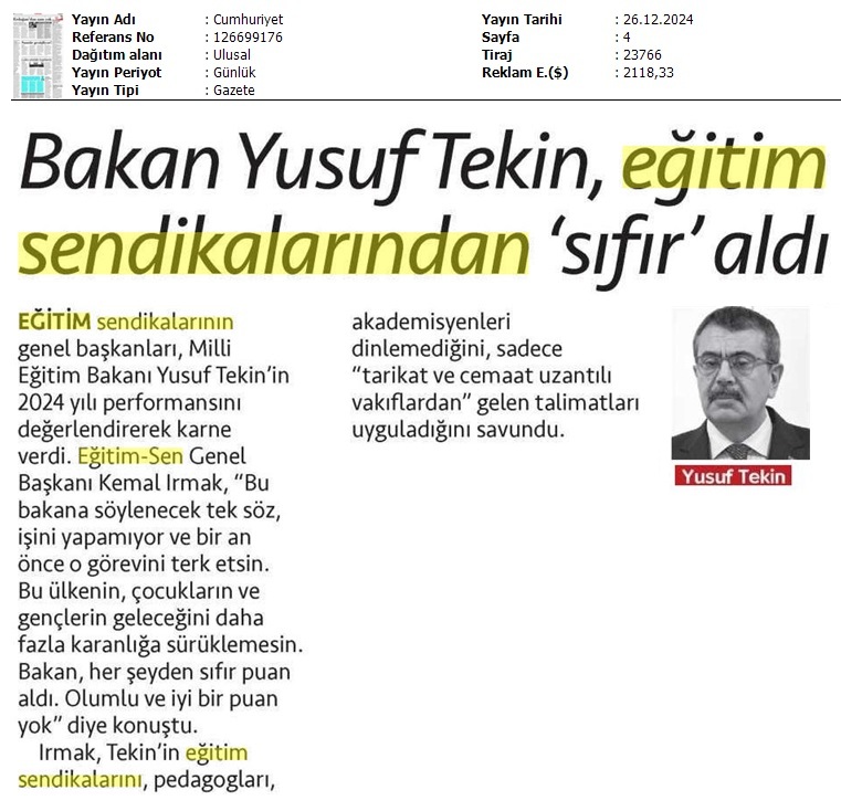 Bakan Yusuf Tekin, Eğitim Sendikalarından 'Sıfır' Aldı / Cumhuriyet