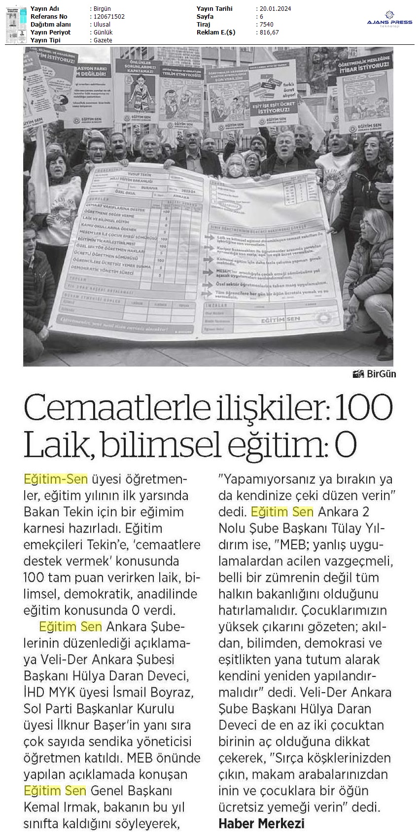 Bakan'a Karne: Cemaatlerle İlişkiler: 100, Laik, Bilimsel Eğitim: 0 / Birgün