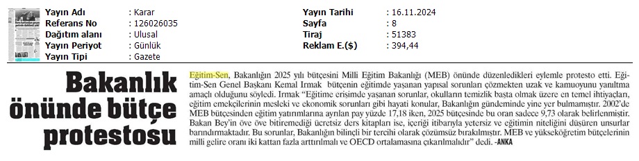 Bakanlık Önünde Bütçe Protestosu / Karar