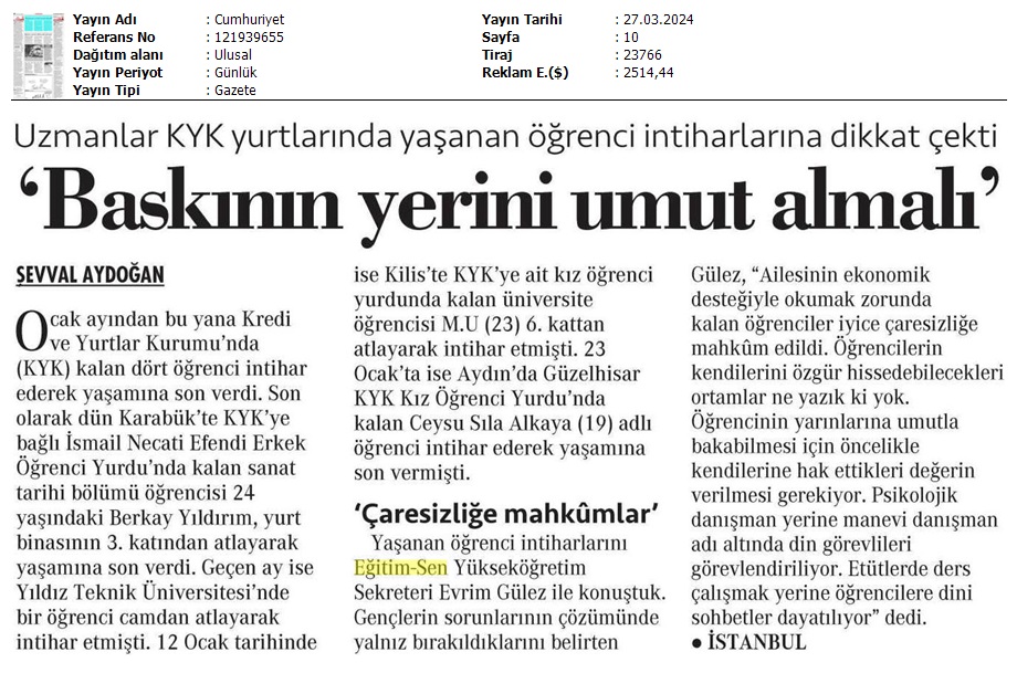 "Baskının Yerini Umut Almalı" / Cumhuriyet