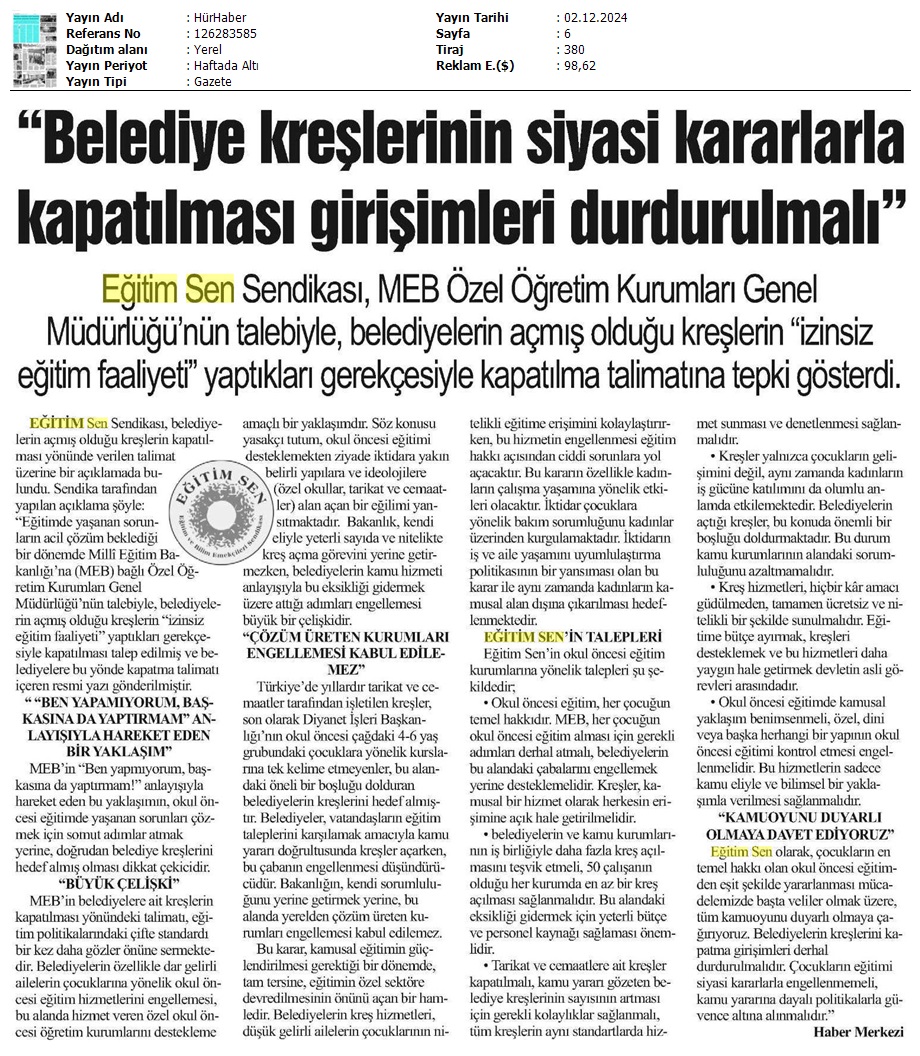 "Belediye Kreşlerinin Siyasi Kararlarla Kapatılması Girişimleri Durdurulmalı" / Hür Haber