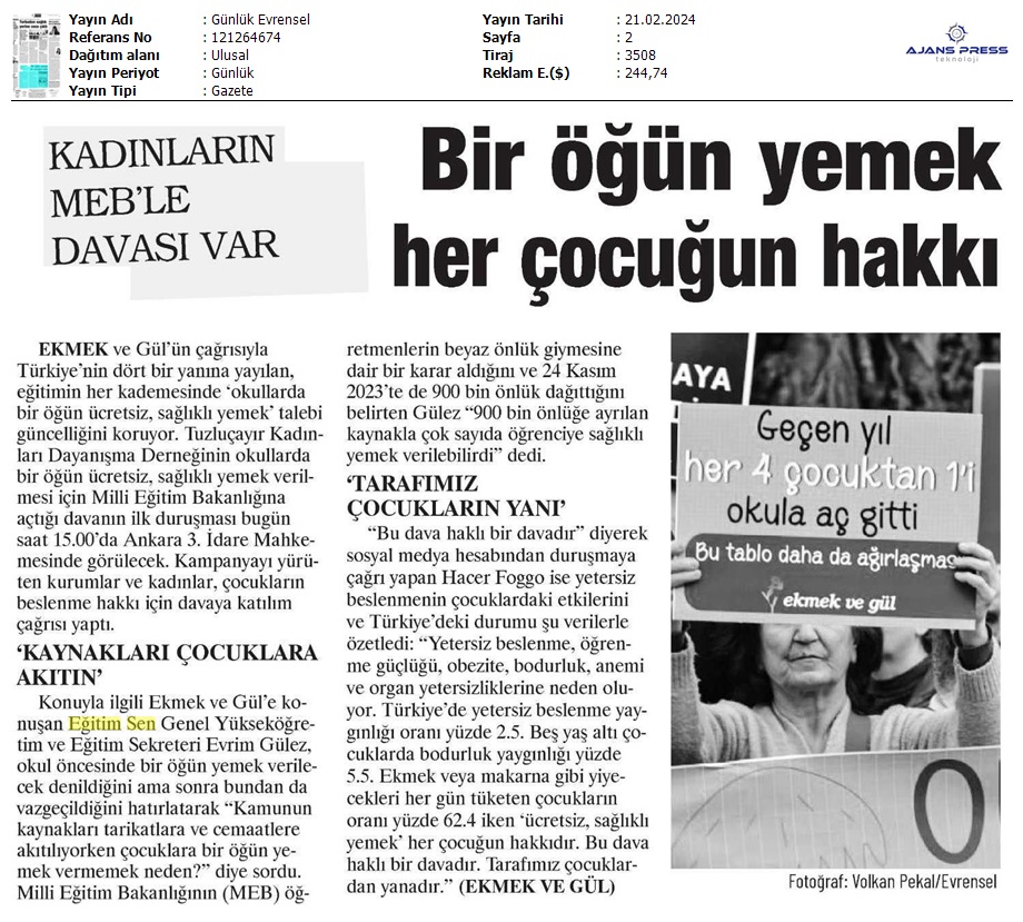 Bir Öğün Yemek Her Çocuğun Hakkı / Evrensel