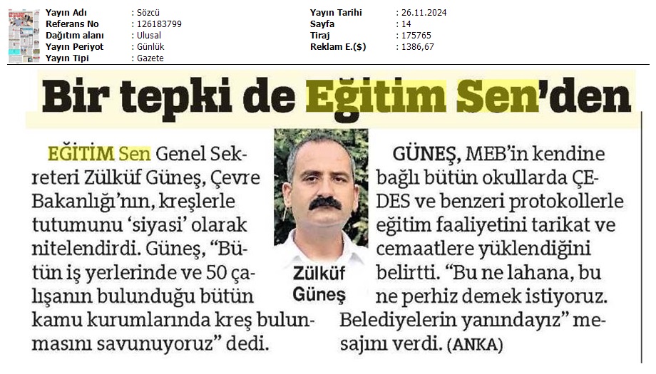 Bir Tepki de Eğitim Sen'den / Sözcü