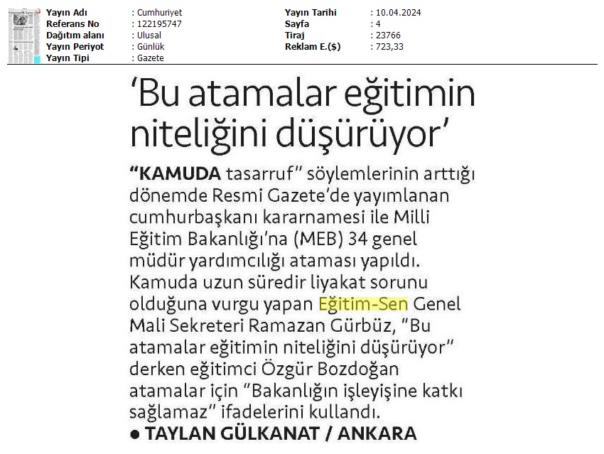 "Bu Atamalar Eğitimin Niteliğini Düşürüyor" / Cumhuriyet