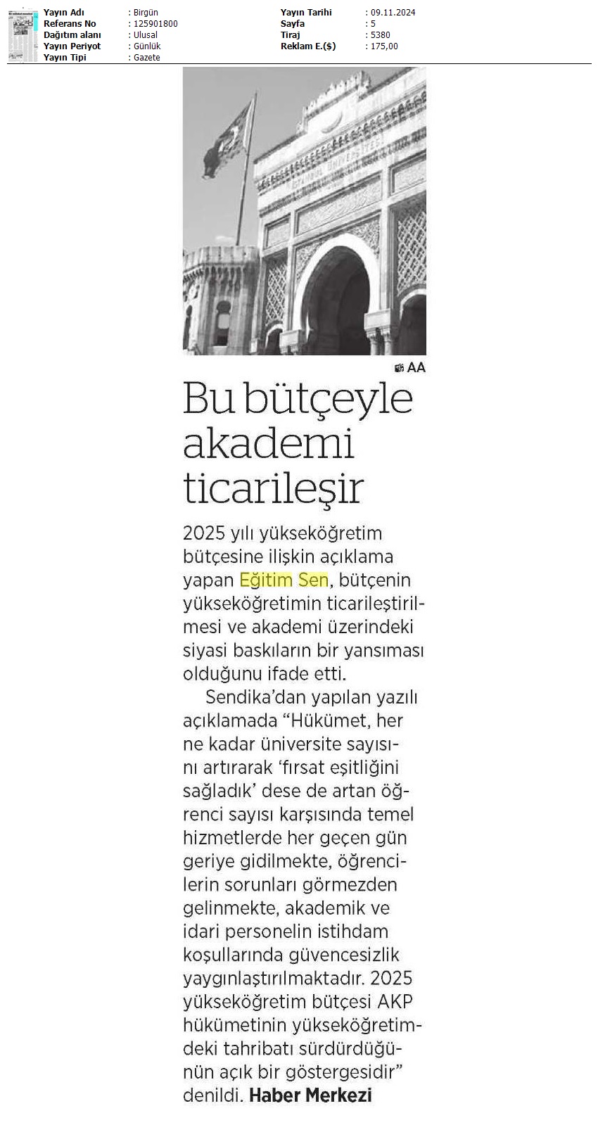 Bu Bütçeyle Akademi Ticarileşir / Birgün