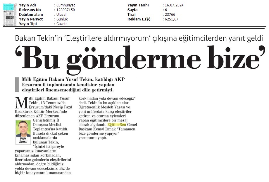 "Bu Gönderme Bize" / Cumhuriyet
