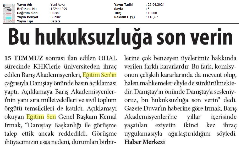 Bu Hukuksuzluğa Son Verin / Yeni Asya
