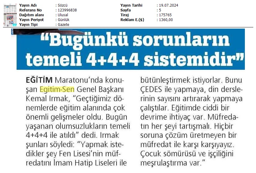 "Bugünkü Sorunların Temeli 4+4+4 Sistemidir" / Sözcü
