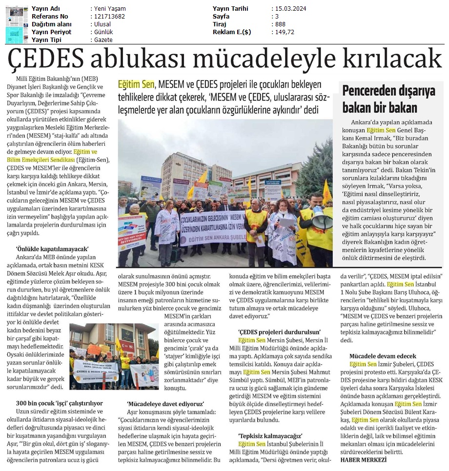 ÇEDES Ablukası Mücadeleyle Kırılacak / Yeni Yaşam