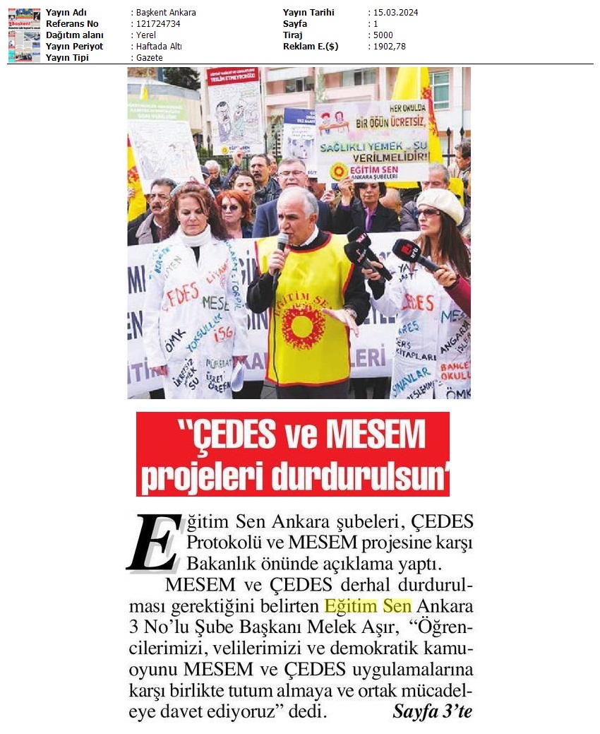 "ÇEDES ve MESEM Projeleri Durdurulsun" / Başkent Ankara