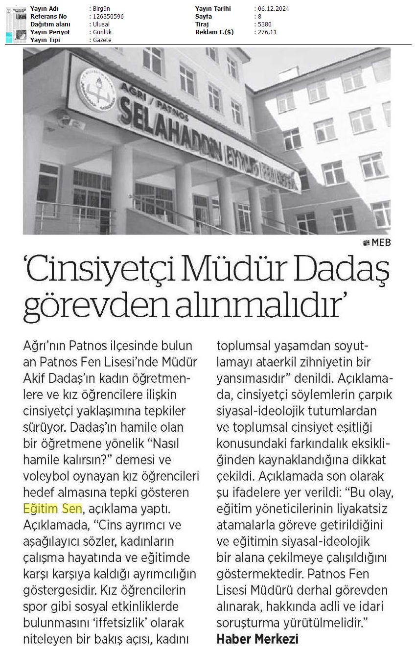 "Cinsiyetçi Müdür Dadaş Görevden Alınmalıdır" / Birgün