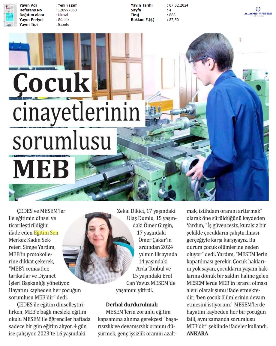 Çocuk Cinayetlerinin Sorumlusu MEB / Yeni Yaşam