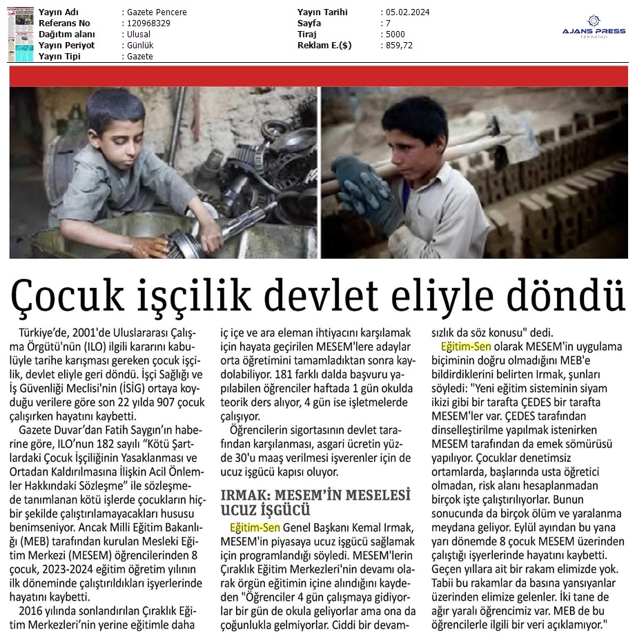 Çocuk İşçilik Devlet Eliyle Döndü / Gazete Pencere