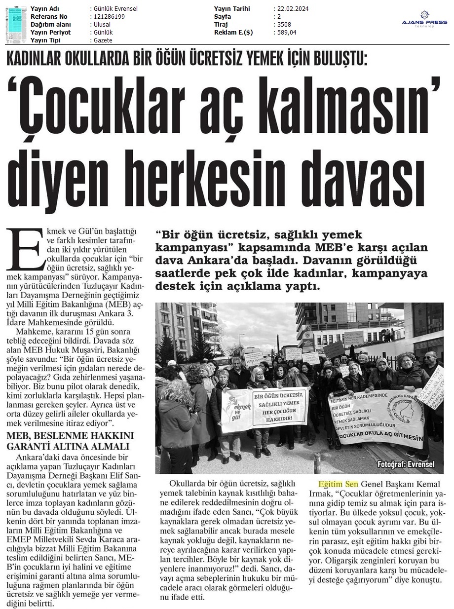 "Çocuklar Aç Kalmasın" Diyen Herkesin Davası / Evrensel