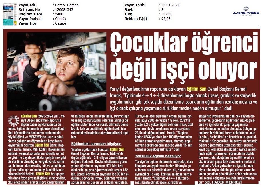 Çocuklar Öğrenci Değil İşçi Oluyor / Gazete Damga