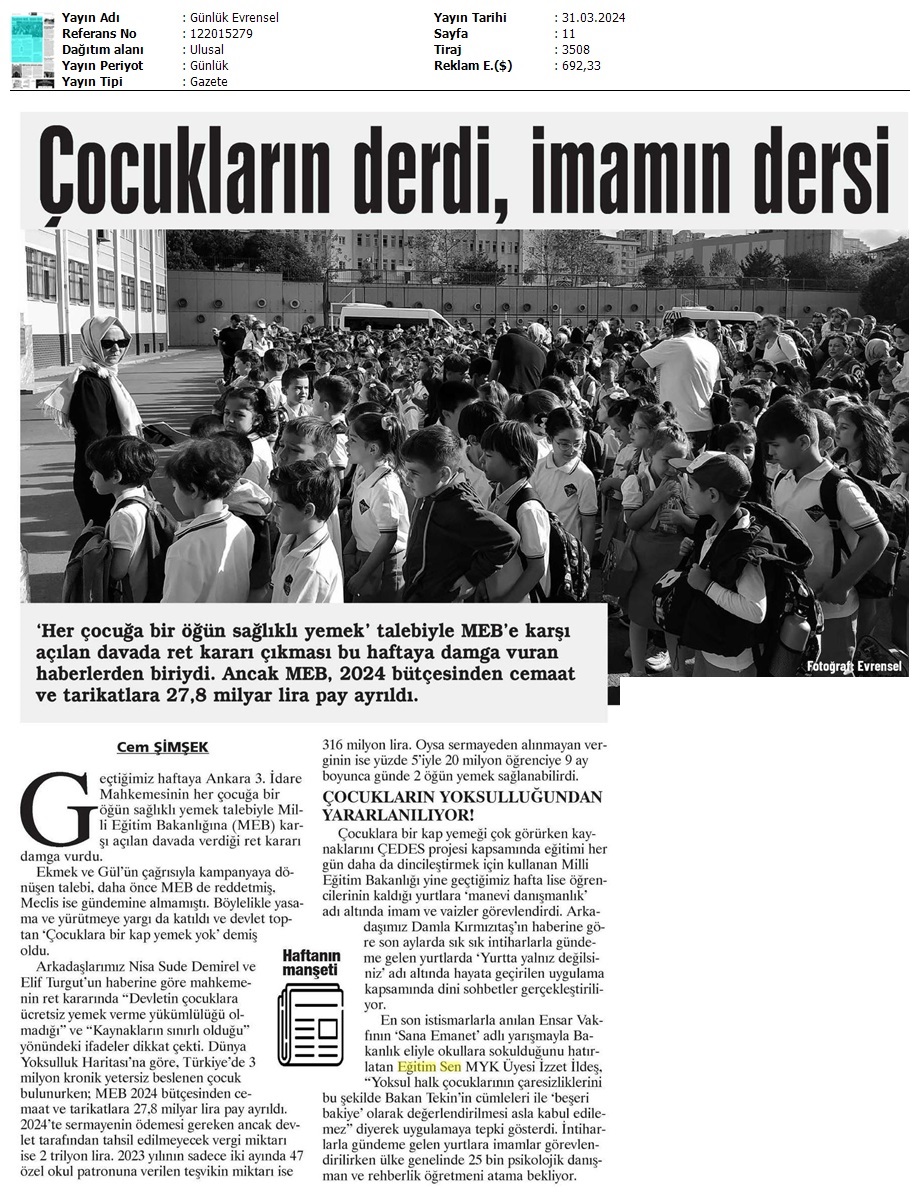 Çocukların Derdi, İmamın Dersi / Evrensel
