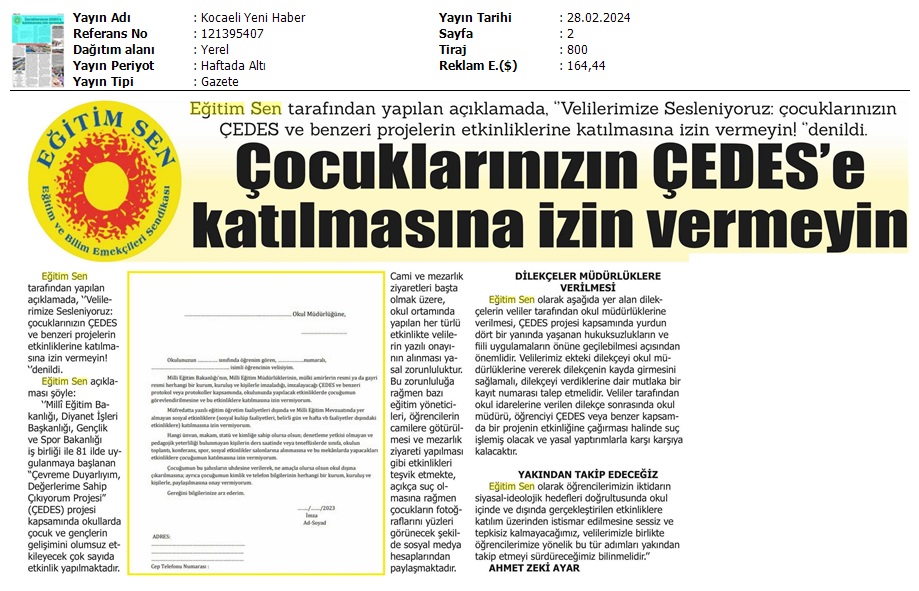 Çocuklarınızın ÇEDES'e Katılmasına İzin Vermeyin / Kocaeli Yeni Haber