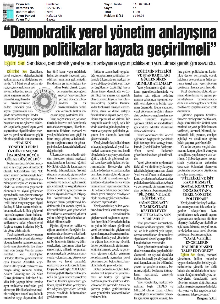 "Demokratik Yerel Yönetim Anlayışına Uygun Politikalar Hayata Geçirilmeli" / Hür Haber