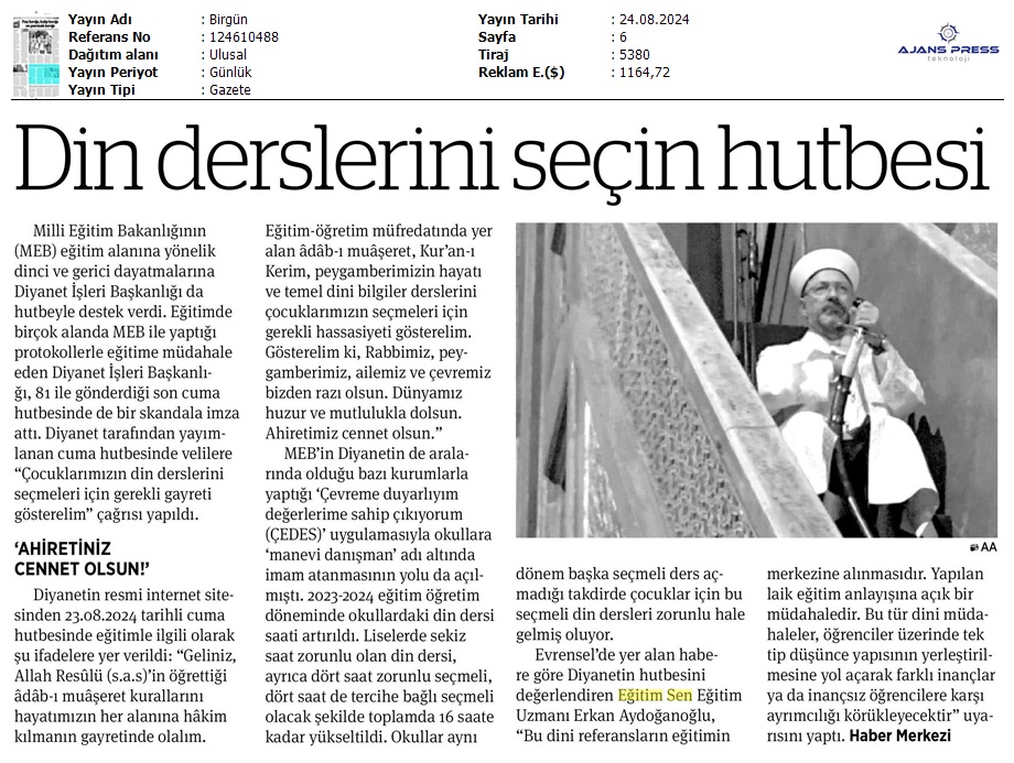 Din Derslerini Seçin Hutbesi / Birgün