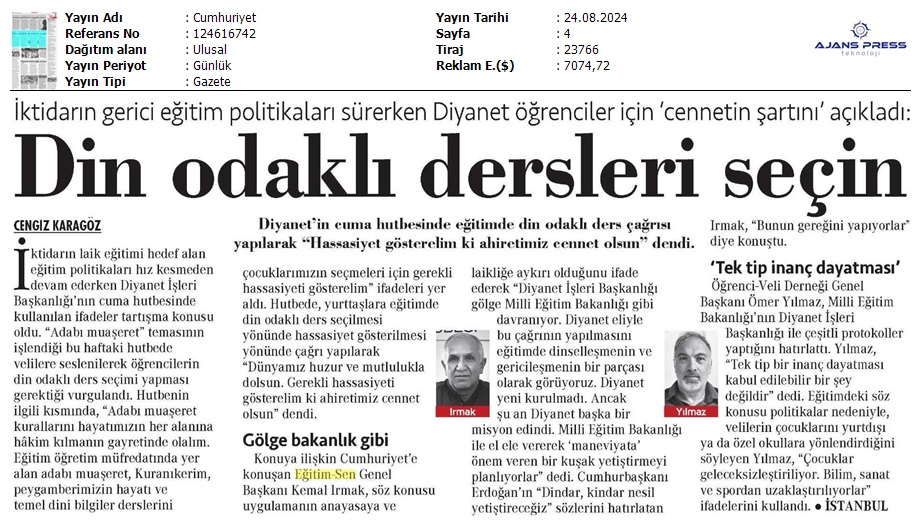 Din Odaklı Dersleri Seçin / Cumhuriyet