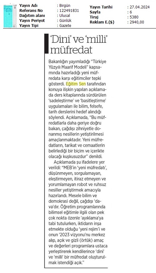 'Dini' ve 'Milli' Müfredat / Birgün
