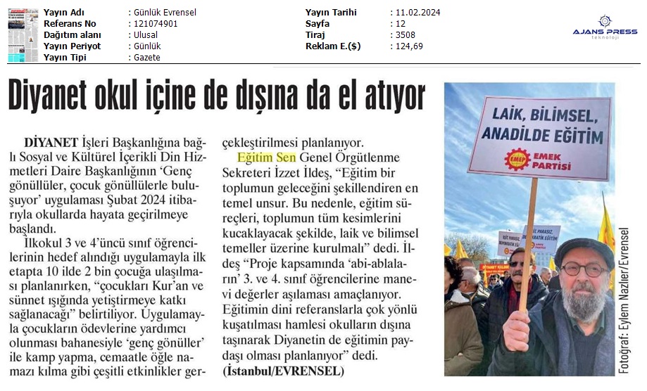 Diyanet Okul İçine de Dışına da El Atıyor / Evrensel