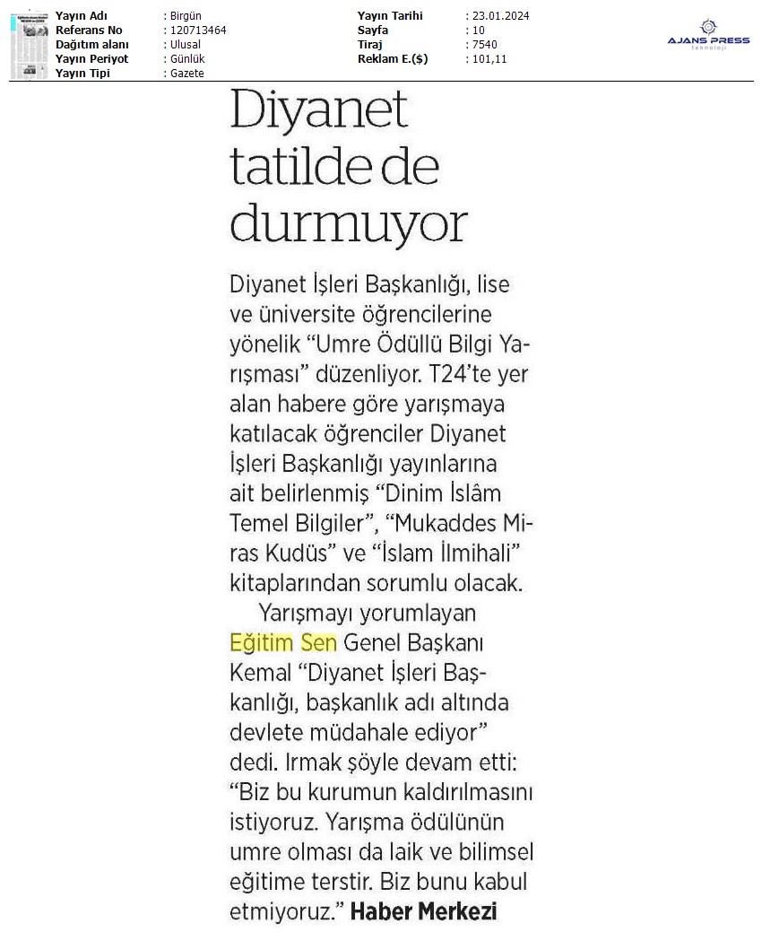 Diyanet Tatilde de Durmuyor / Birgün