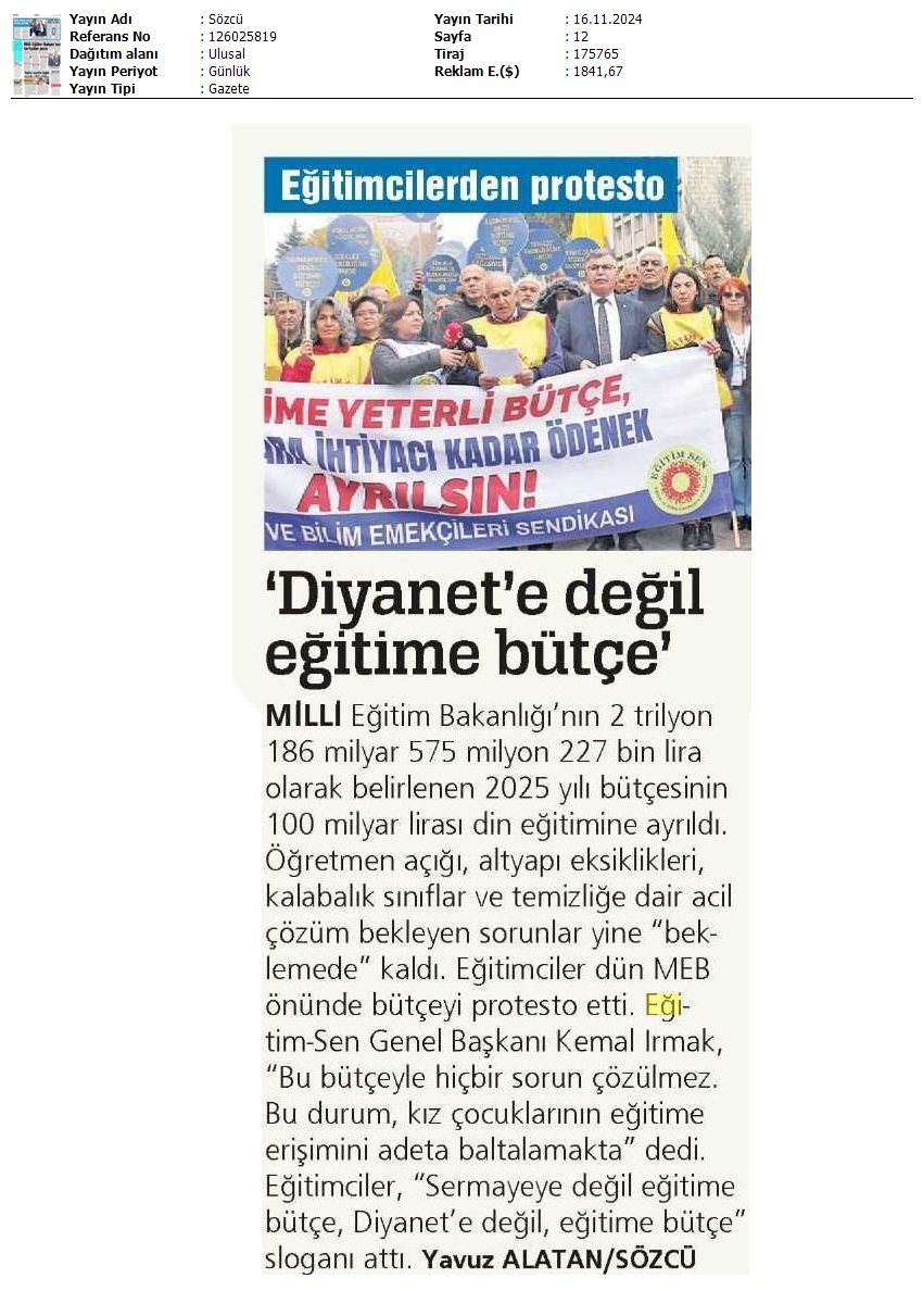 "Diyanet'e Değil Eğitime Bütçe" / Sözcü