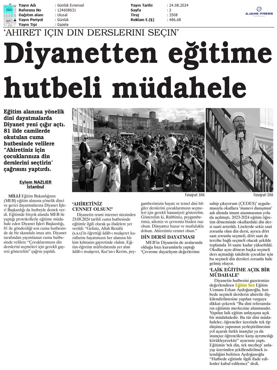 Diyanetten Eğitime Hutbeli Müdahale / Evrensel
