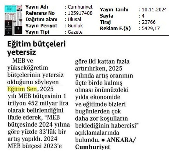 Eğitim Bütçeleri Yetersiz / Cumhuriyet