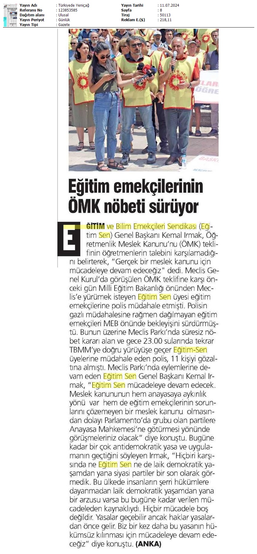 Eğitim Emekçilerinin ÖMK Nöbeti Sürüyor / Türkiye'de Yeniçağ