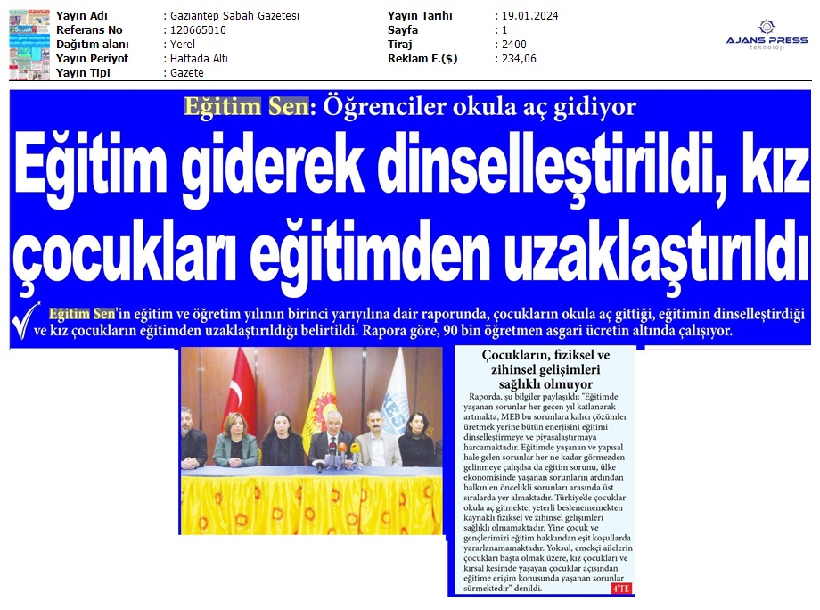 Eğitim Giderek Dinselleştirildi, Kız Çocuklan Eğitimden Uzaklaştırıldı / Gaziantep Sabah Gazetesi