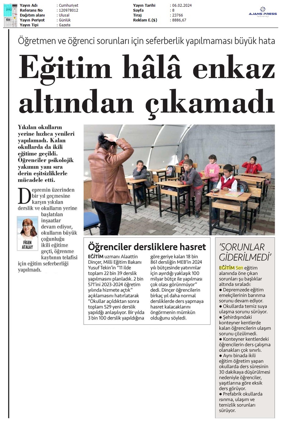 Eğitim Hâlâ Enkaz Altından Çıkamadı / Cumhuriyet