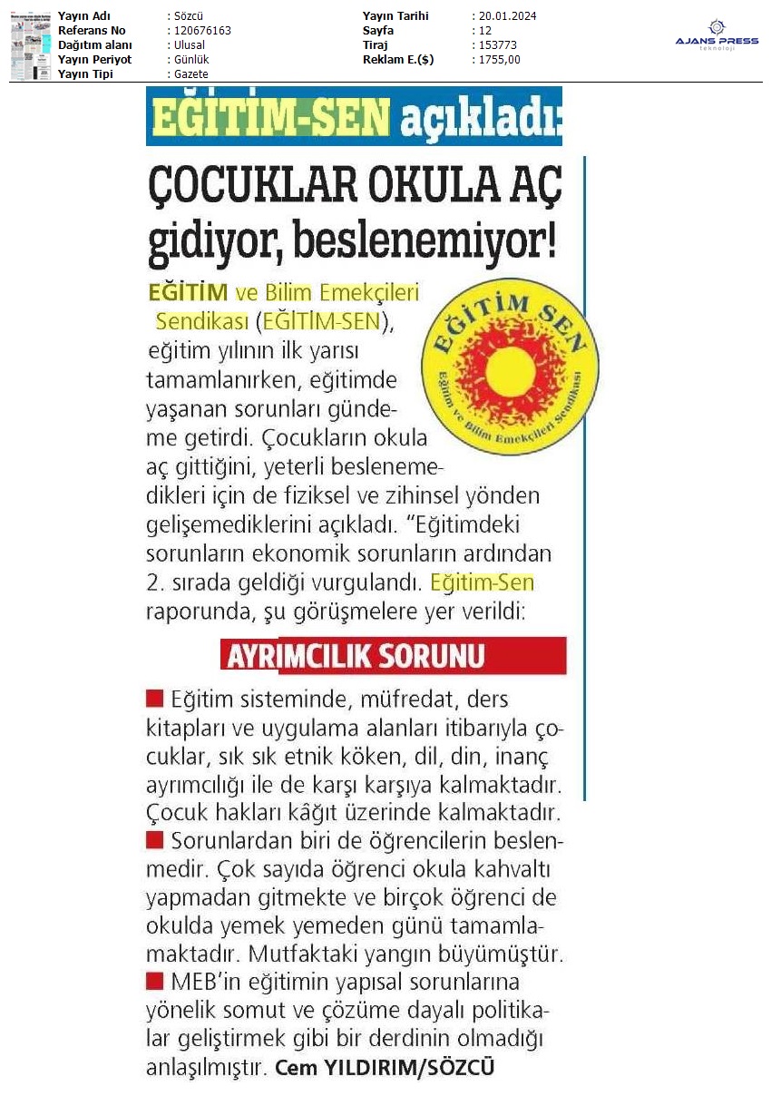 Eğitim Sen Açıkladı: Çocuklar Okula Aç Gidiyor, Beslenemiyor / Sözcü
