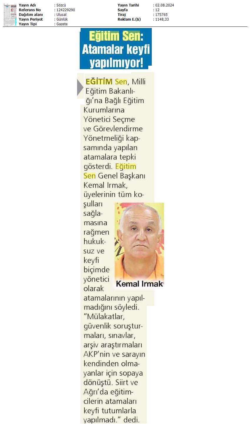 Eğitim Sen: Atamalar Keyfi Yapılmıyor / Sözcü