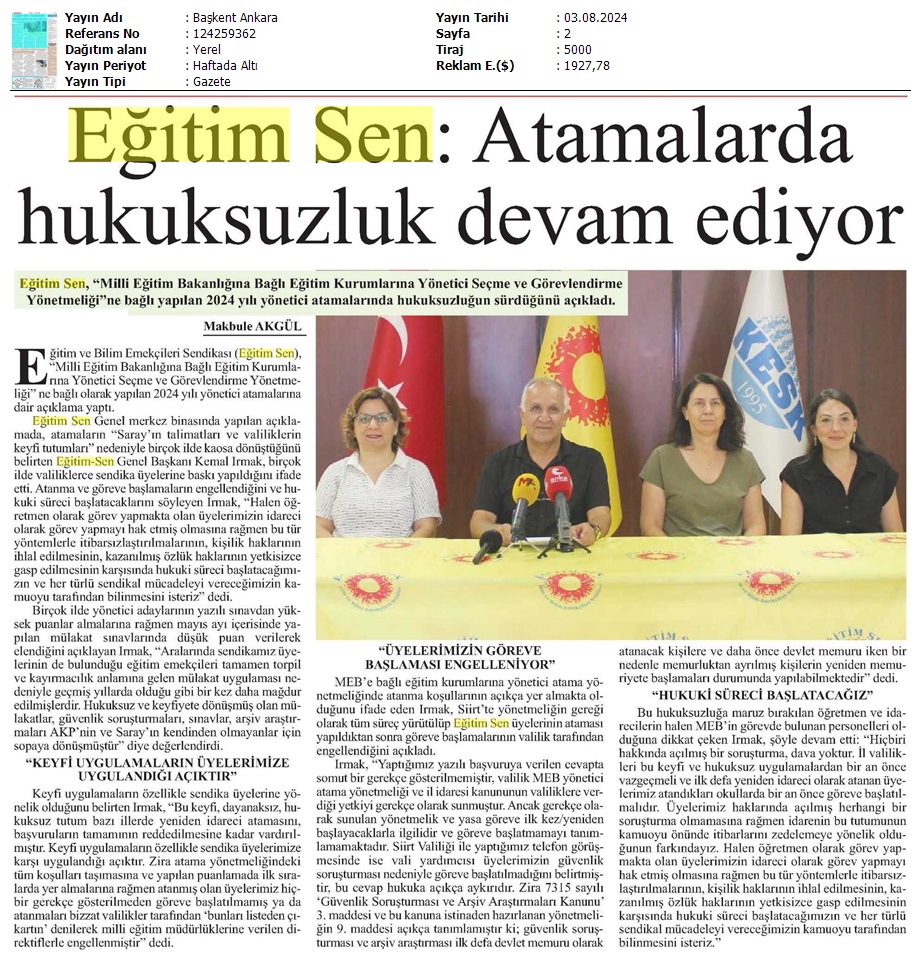 Eğitim Sen: Atamalarda Hukuksuzluk Devam Ediyor / Başkent Ankara