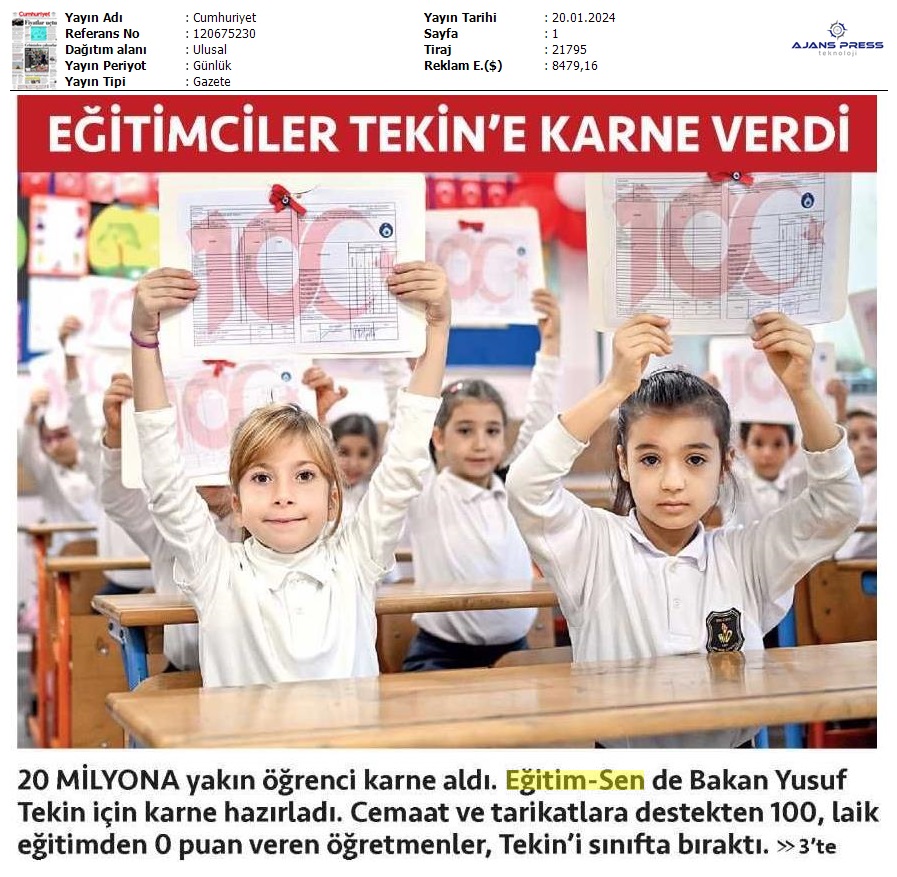 Eğitim Sen, Bakan Tekin'e Karne Verdi/ Cumhuriyet