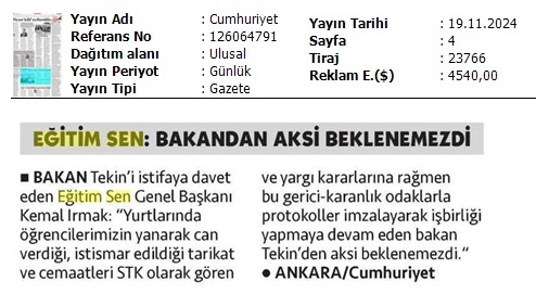 Eğitim Sen: Bakandan Aksi Beklenemezdi / Cumhuriyet