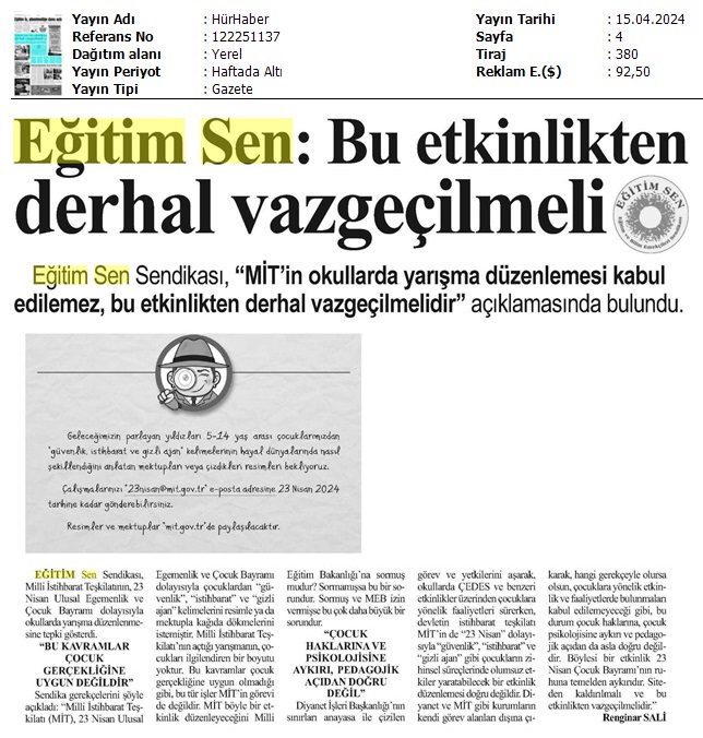 Eğitim Sen: Bu Etkinlikten Derhal Vazgeçilmeli / Hür Haber