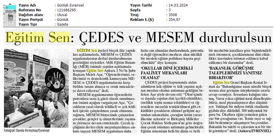 Eğitim Sen: ÇEDES Ve MESEM Durdurulsun / Evrensel