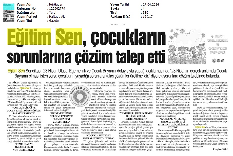 Eğitim Sen, Çocukların Sorunlarına Çözüm Talep Etti / Hür Haber