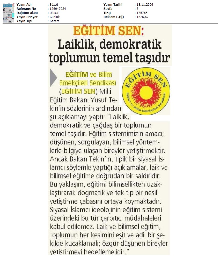 Eğitim Sen: Laiklik, Demokratik Toplumun Temel Taşıdır / Sözcü